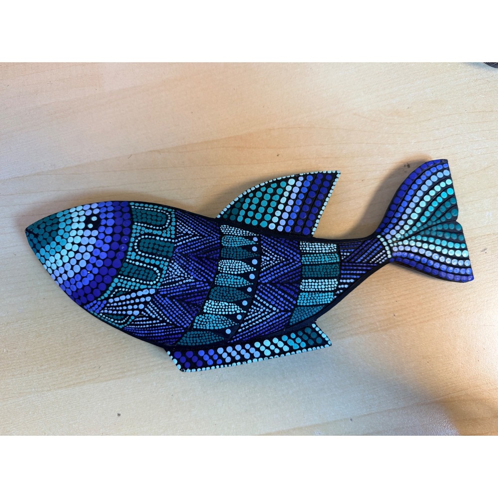 2 sided Hand Carved Wood Fish 12in Blue Dot Painted Black & White Boho Coastal - Picture 2 of 6